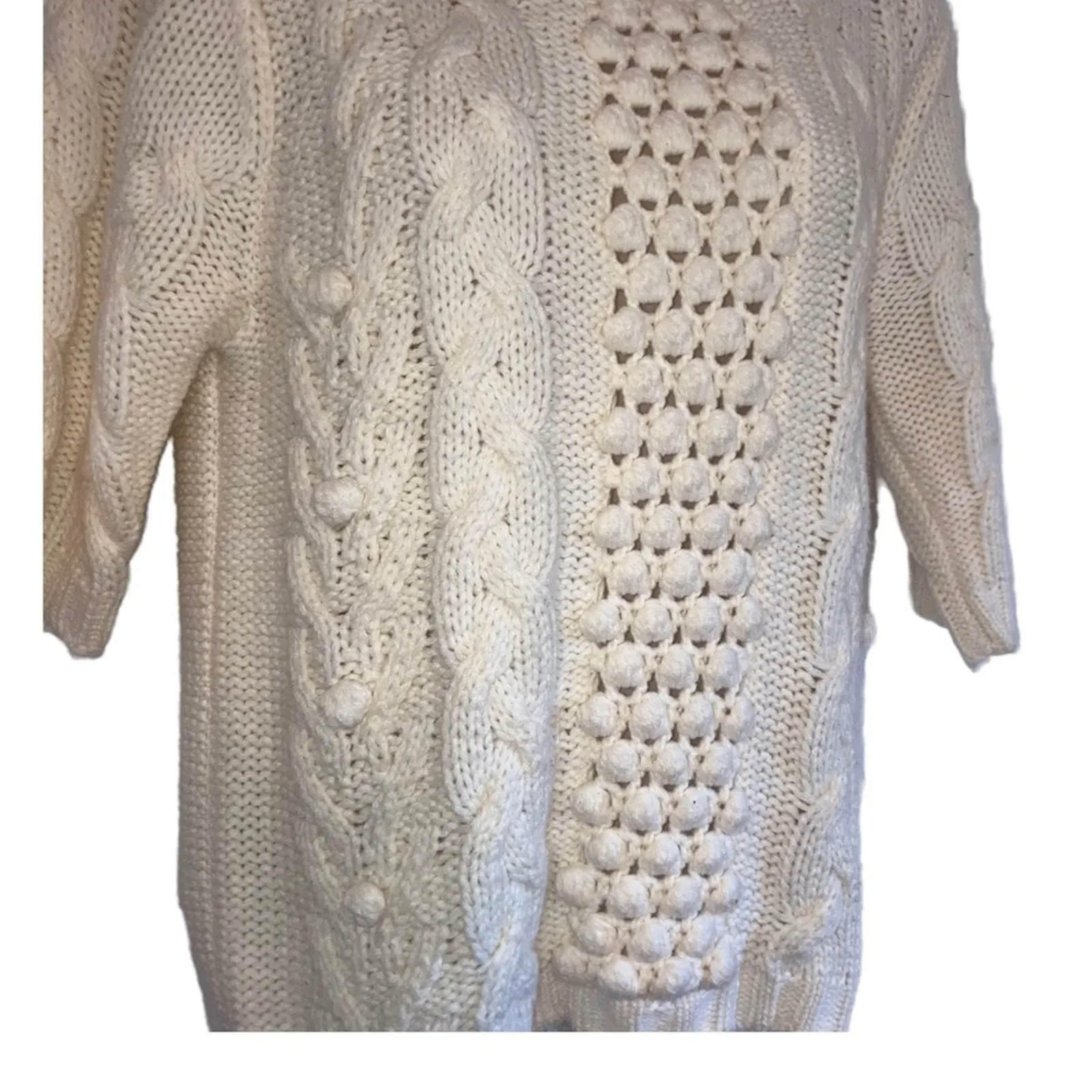 Apostrophe Elbow-length Sleeve Chunky Pompom Cable Knit Cream Pullover Sweater-M - Image 5