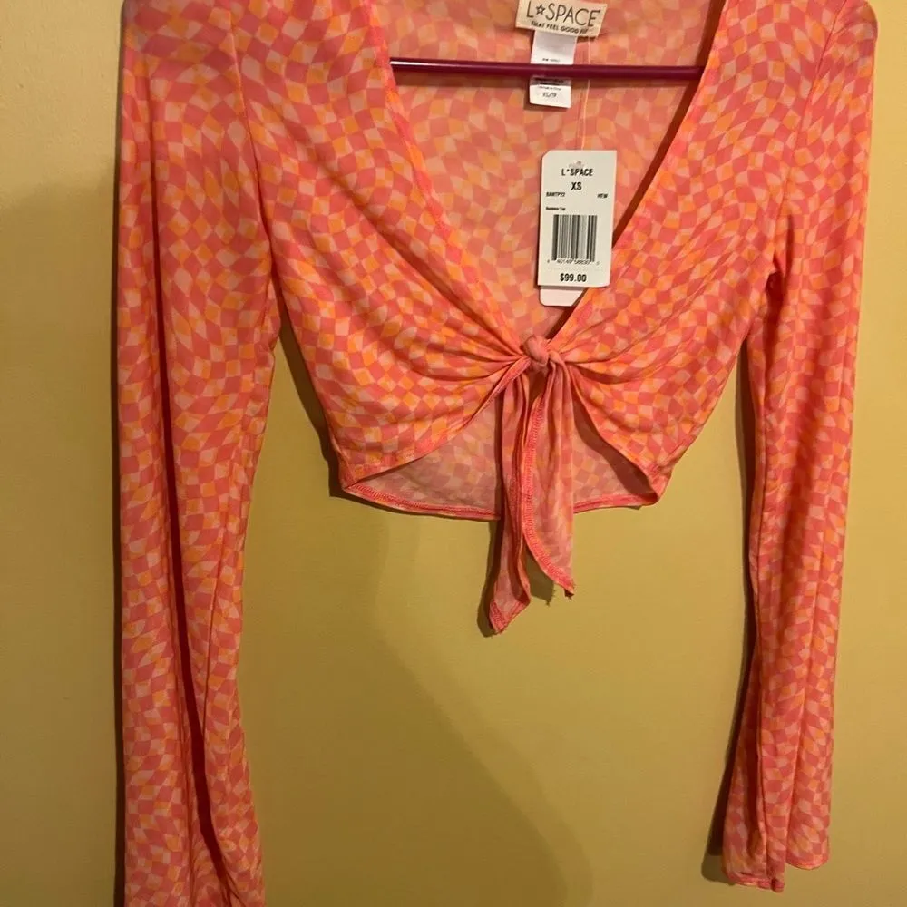 L*Space Cover Up Bandera Top Sheer Mesh Tie Front Pink/Orange Size XS - Image 8
