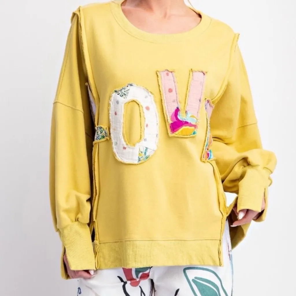 NWT Easel LOVE Knit Patches Oversized Pullover Sweatshirt, Plus Size 1X Yellow - Image 3