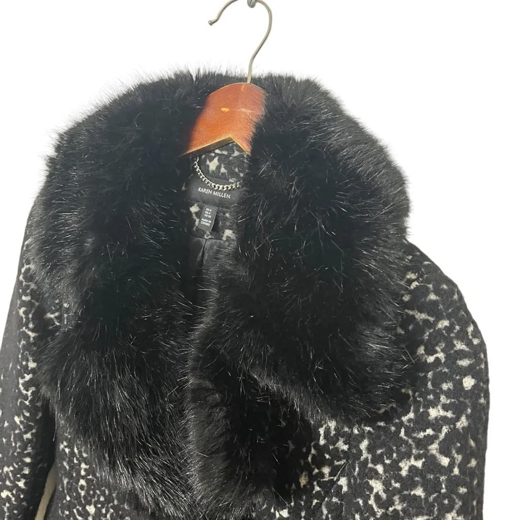 Karen Millen Wool Blend Coat Women’s US 4 Black White Faux Fur Collar Zip Moto - Image 5