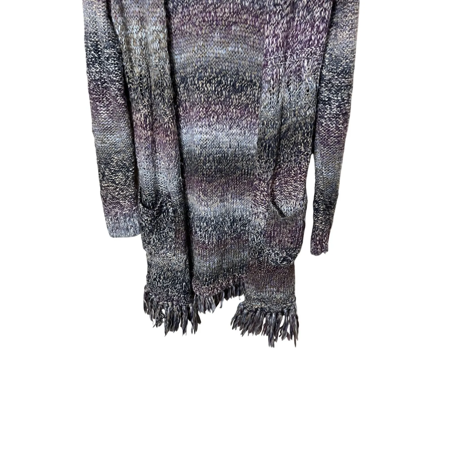Lucky Brand Cardigan Sweater‎ Duster Open Front Knit Fringe Trim Purple Gray S - Image 3