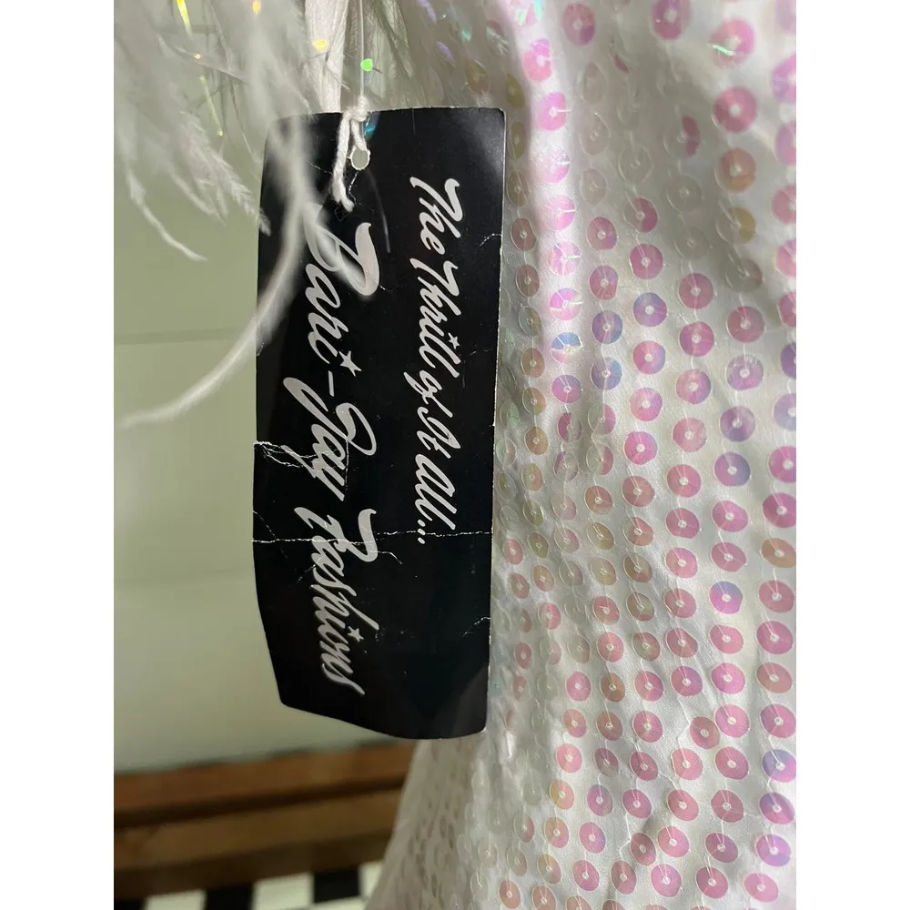 Vintage 1980s White Aurora Borealis Sequin Deadstock Dress Marabou Feathers Med - Image 7