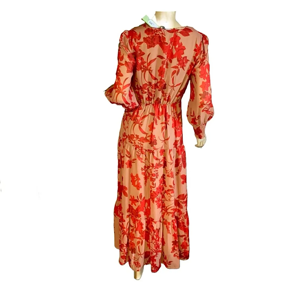 SAM EDELMAN RED & TAN FLORAL PRINT CHIFFON MAXI DRESS NWT (6) - Image 5