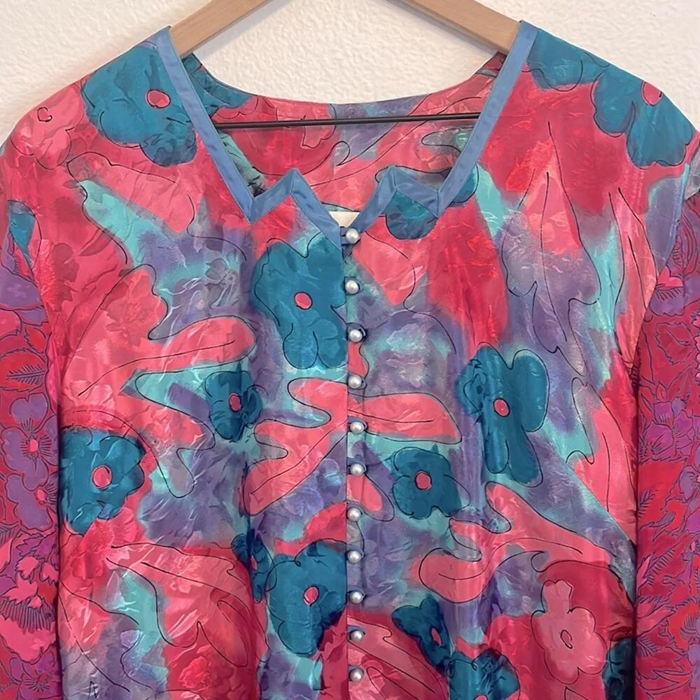 Vintage Satin Top Large Pink Floral Asymmetrical Button Down Artsy Maximalist Pj Blue - Image 3