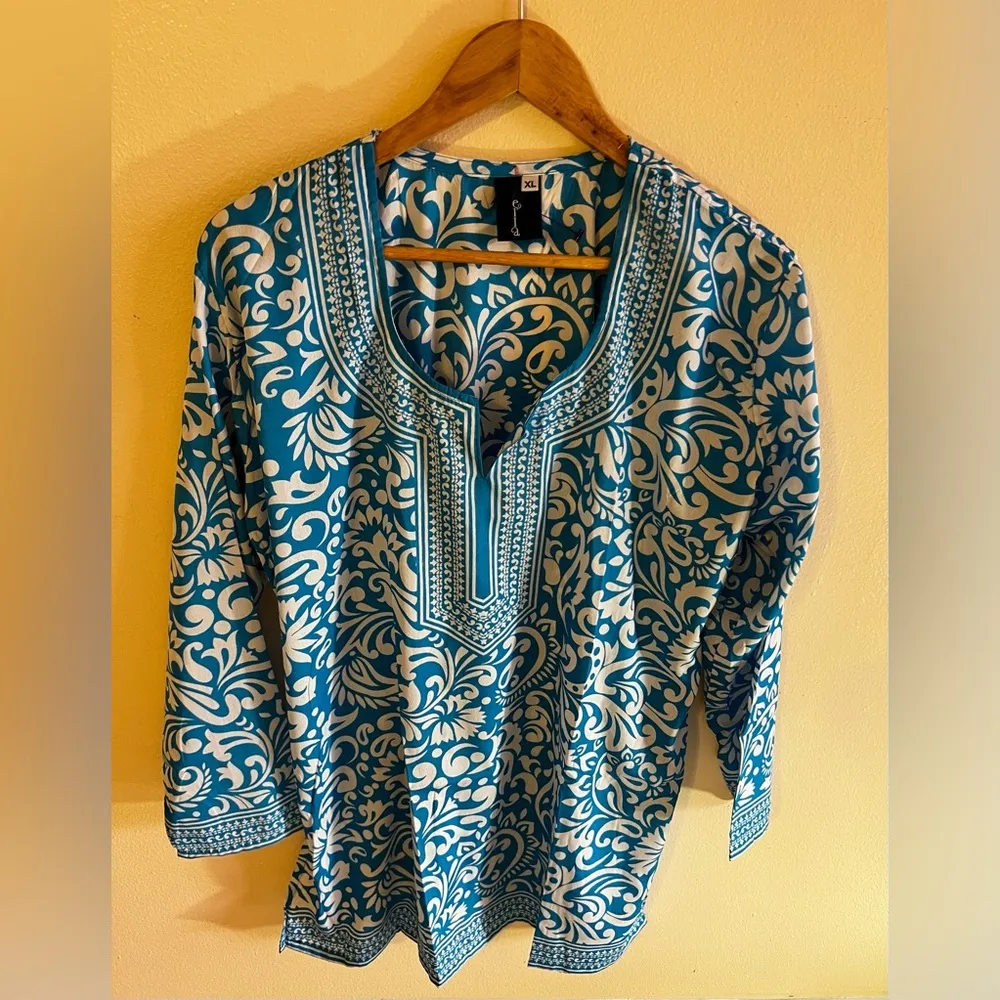 Free People Women's Bella Printed Tunic Blouse Long Sleeve Light Blue Size XL - Image 5