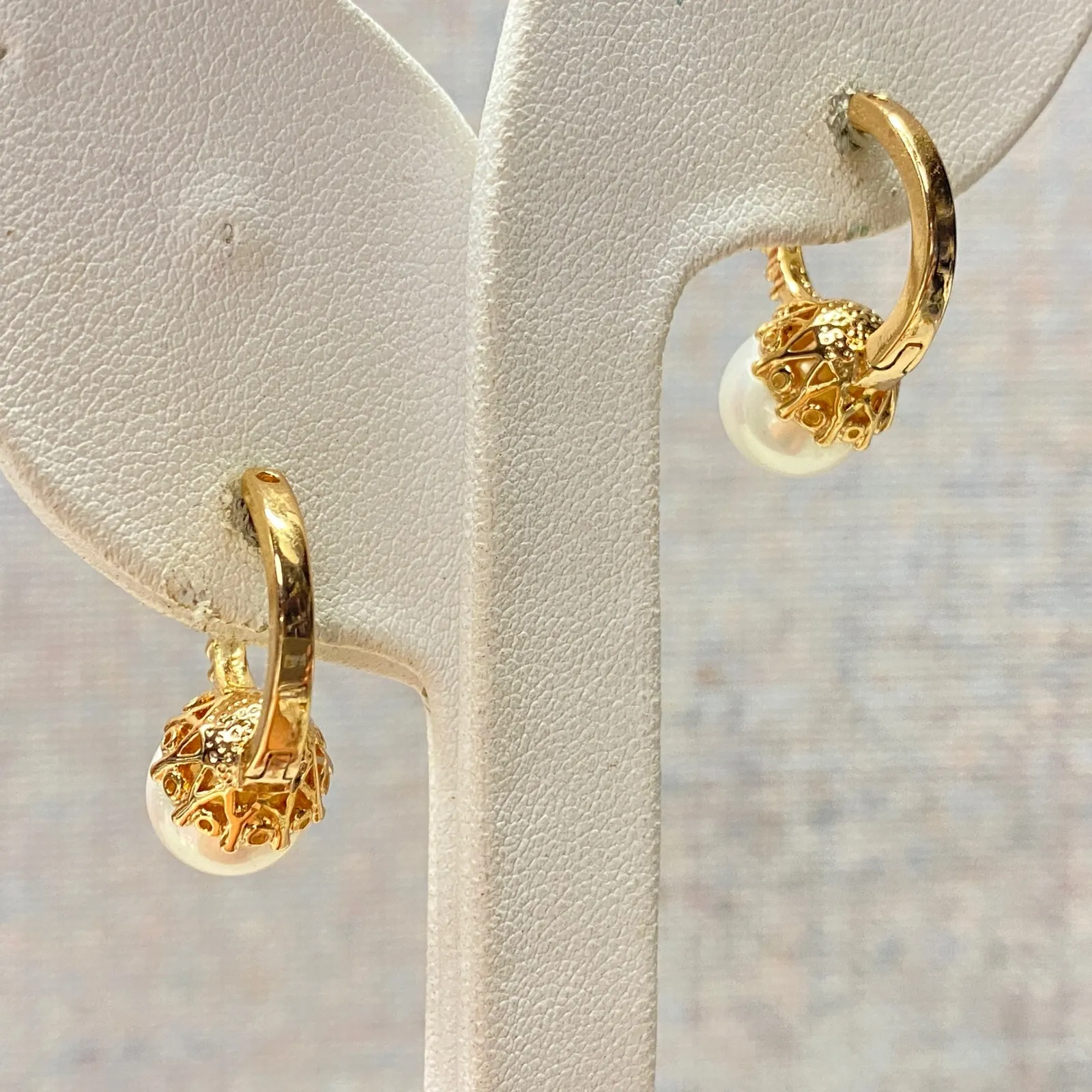 Gold Plated Faux Pearl Accents Leverback Drop Earrings Elegant Gift White - Image 5