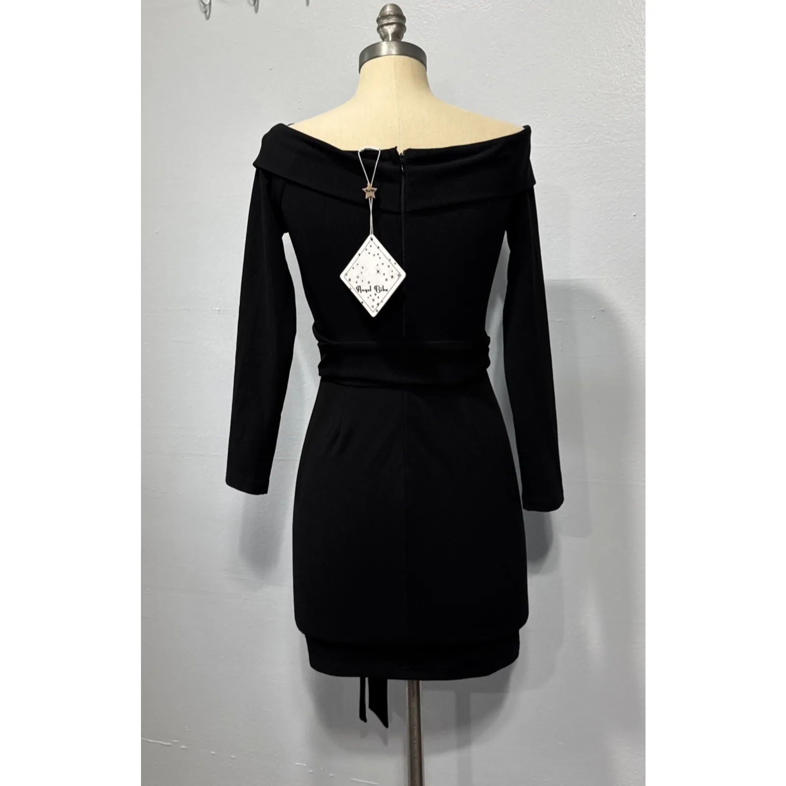 Angel Biba Womens S Off the Shoulder Black Mini Dress V-Neck Long Sleeve Party - Image 3