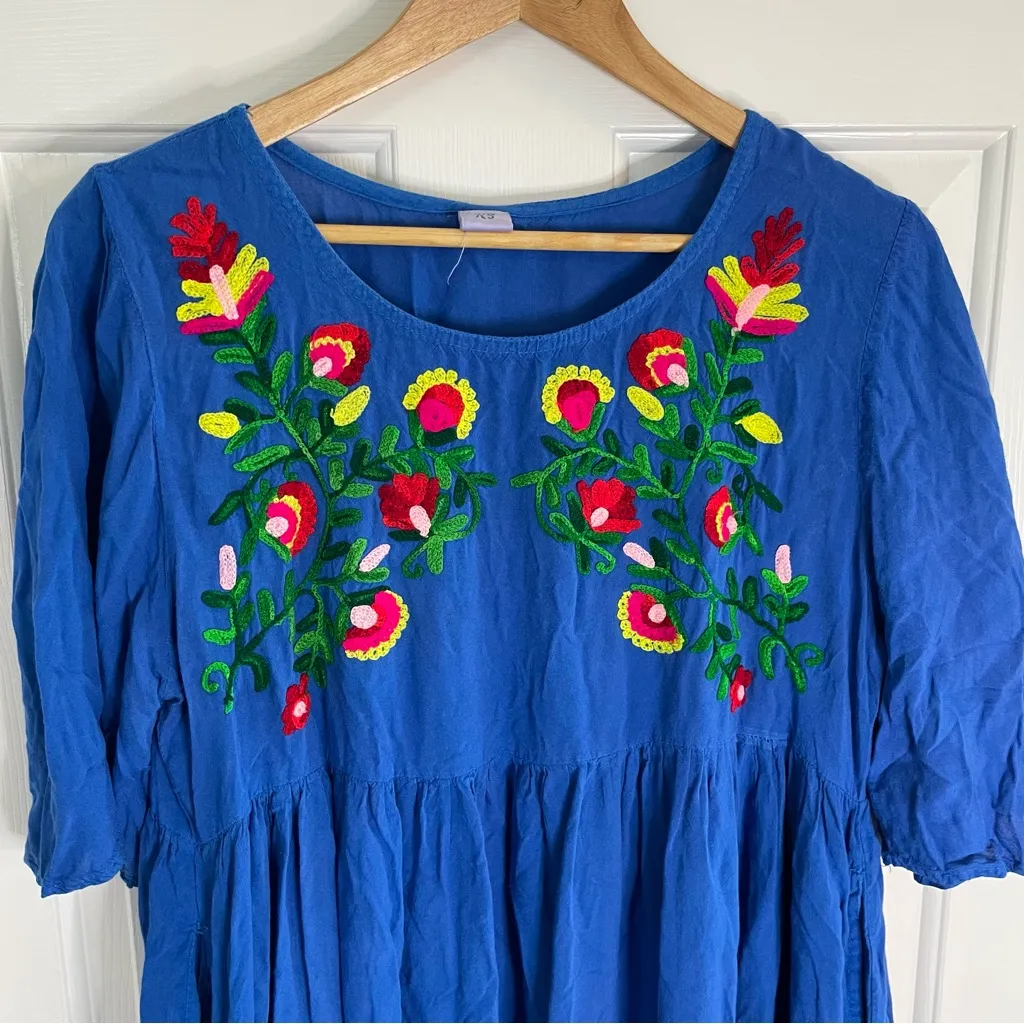 Riviera Sun Vibrant Blue Tunic dress with Floral Embroidery With Pockets Size XL - Image 4
