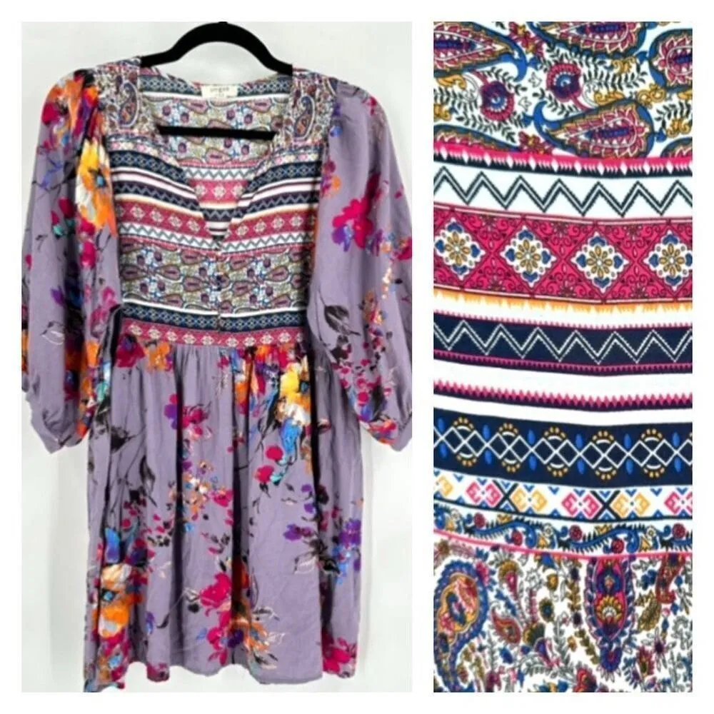 Umgee Women's Floral Paisley 3/4 Sleeve V-Neck Peasant Tunic Dress Purple Medium - Image 2
