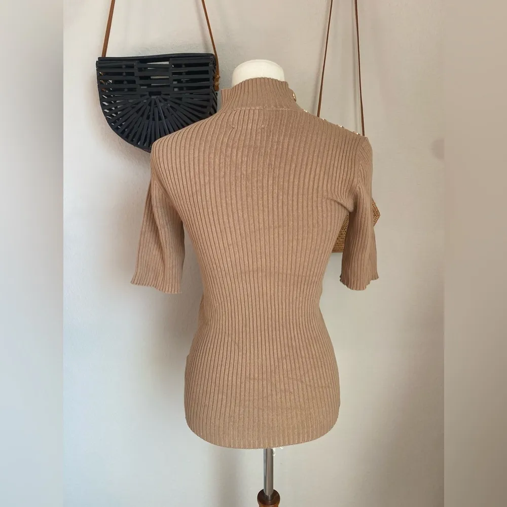 Elie Tahari Button Camel Turtleneck Sweater, Size Small - Image 3
