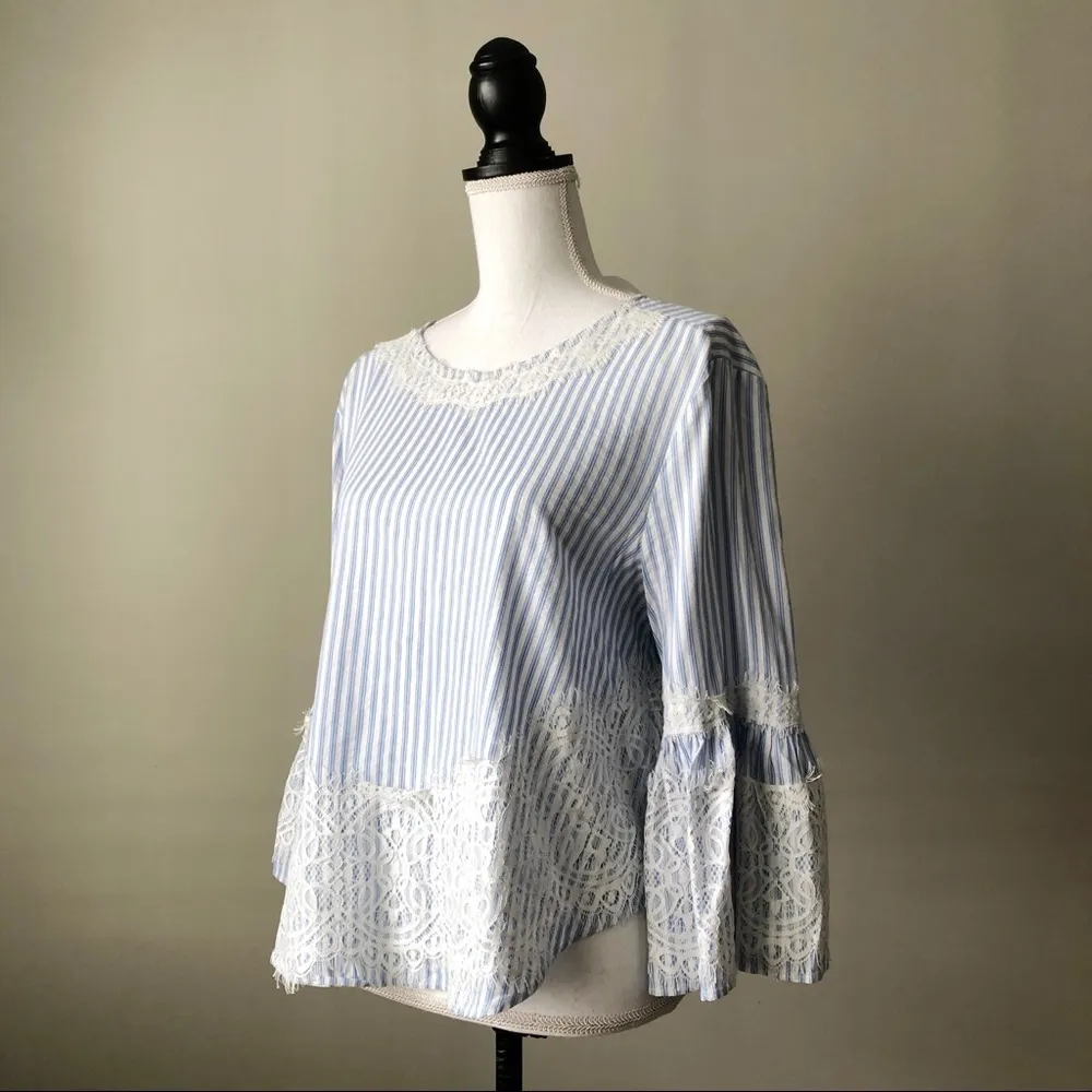 ZARA | Blue White Stripe Lace Detail Blouse - Image 6