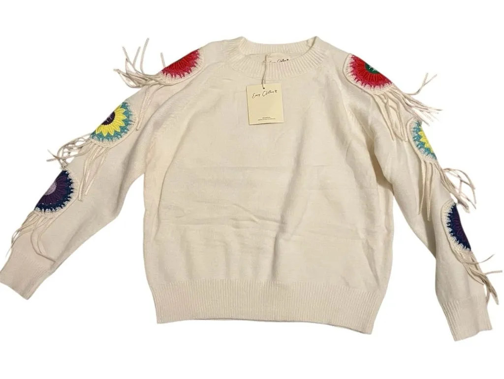 Easy Clothes Cream Embroidered Color Patchwork Fringe Knit Sweater Small Medium Pink - Image 1