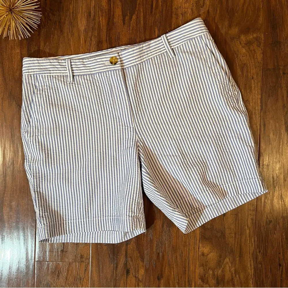 TALBOTS RELAXED CHINO SHORTS - SUNSHINE SEERSUCKER BLUE WHITE 6 - Image 3