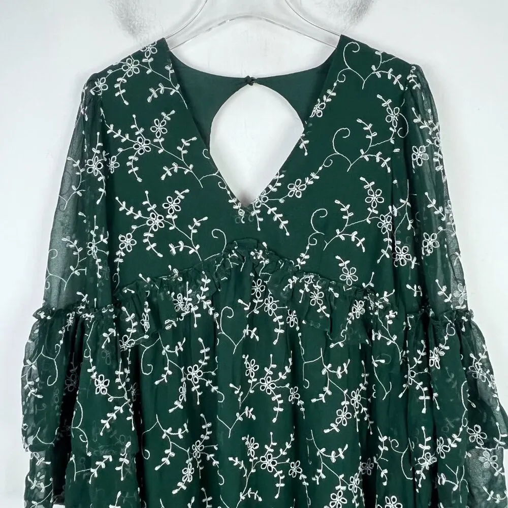 Coast Floral Embroidered Bell Sleeve Ruffle Hem Dress Green US Size 6 EUC - Image 2