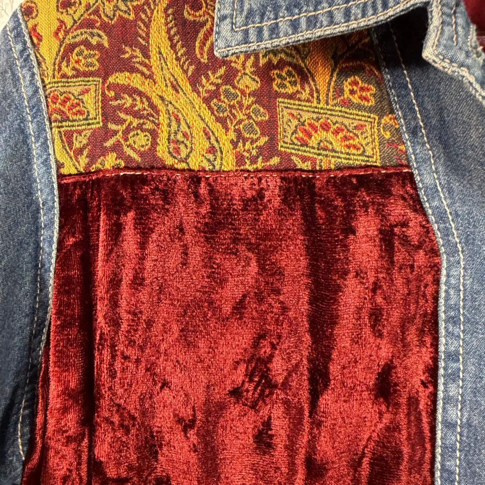 J. Jill Cut of the Blue Patchwork Women's Denim Jacket Petite Medium Tapestry - Image 3