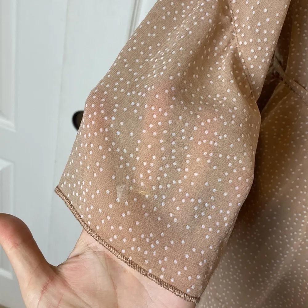 TAUPE POLKA DOT RUFFLE LONG SLEEVE DRESS MODEST Tan Size M - Image 4