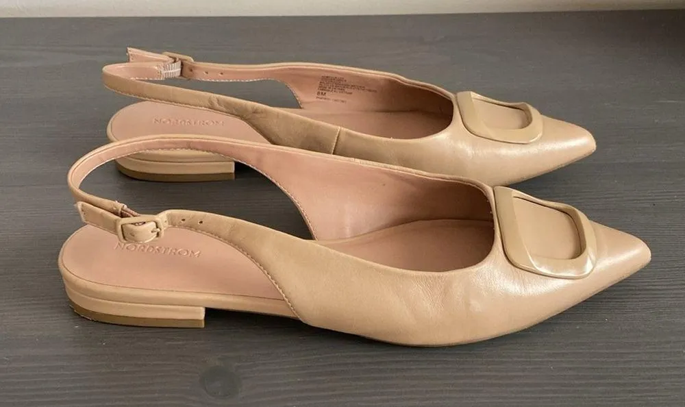 Nordstrom  Весса Pointed Toe Slingback Leather Flat Buckle Accent Tan Size 8 - Image 9