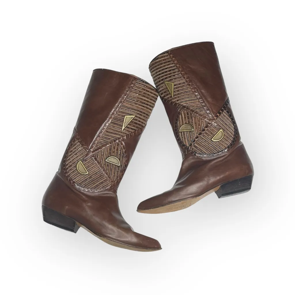 Vintage 70’s: Beltrami ☏ Snakeskin Inlay Boots ☏ Slouchy Cognac Leather ☏ 6.5M Brown Size 6.5 - Image 2