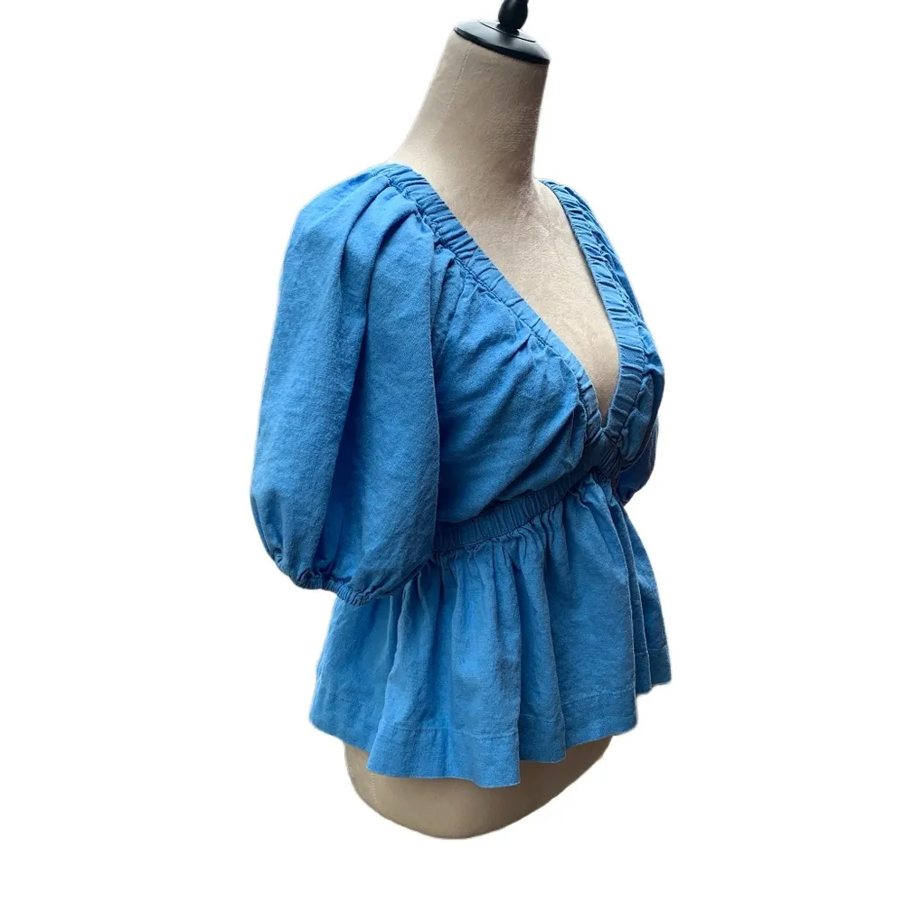 Abercrombie Linen Cotton Blend Puff Sleeve Blue Babydoll Plunge Top Size Small - Image 4