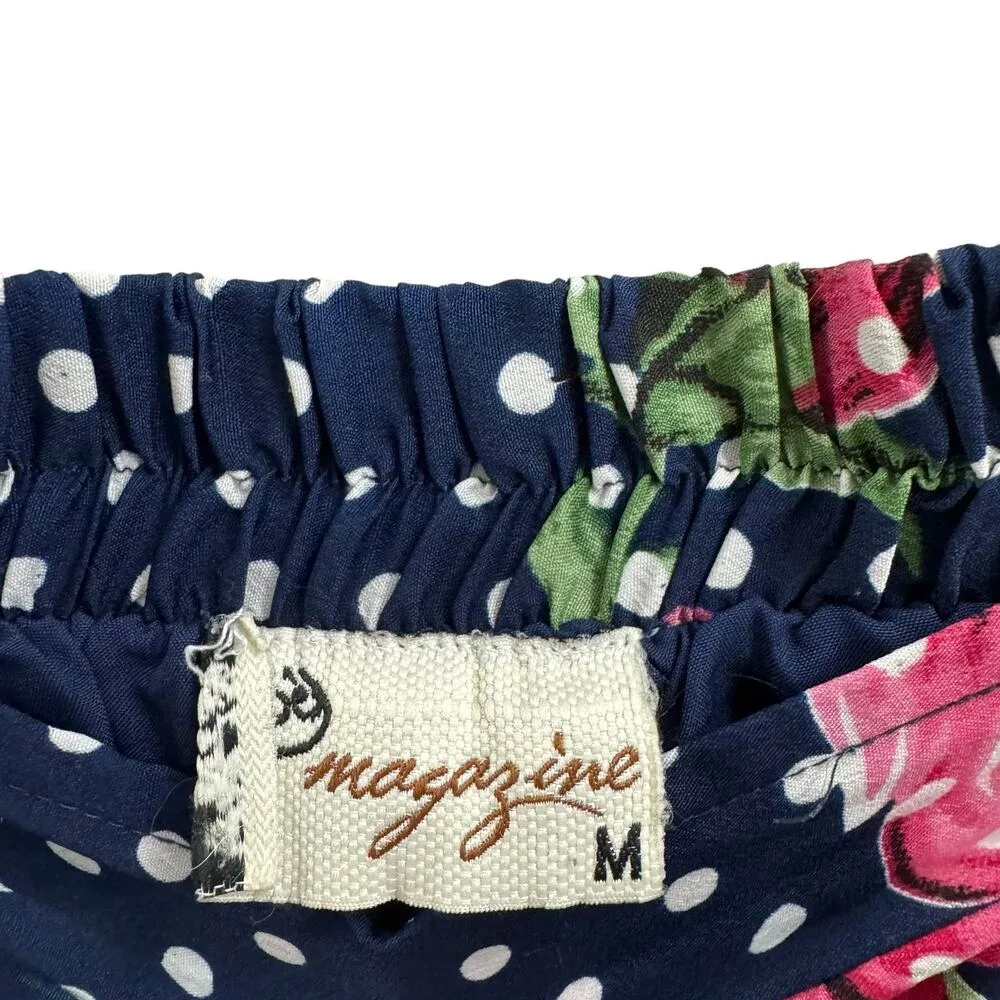 Magazine Navy Polka Dot Floral A Line Silk Skirt Size M - Image 2