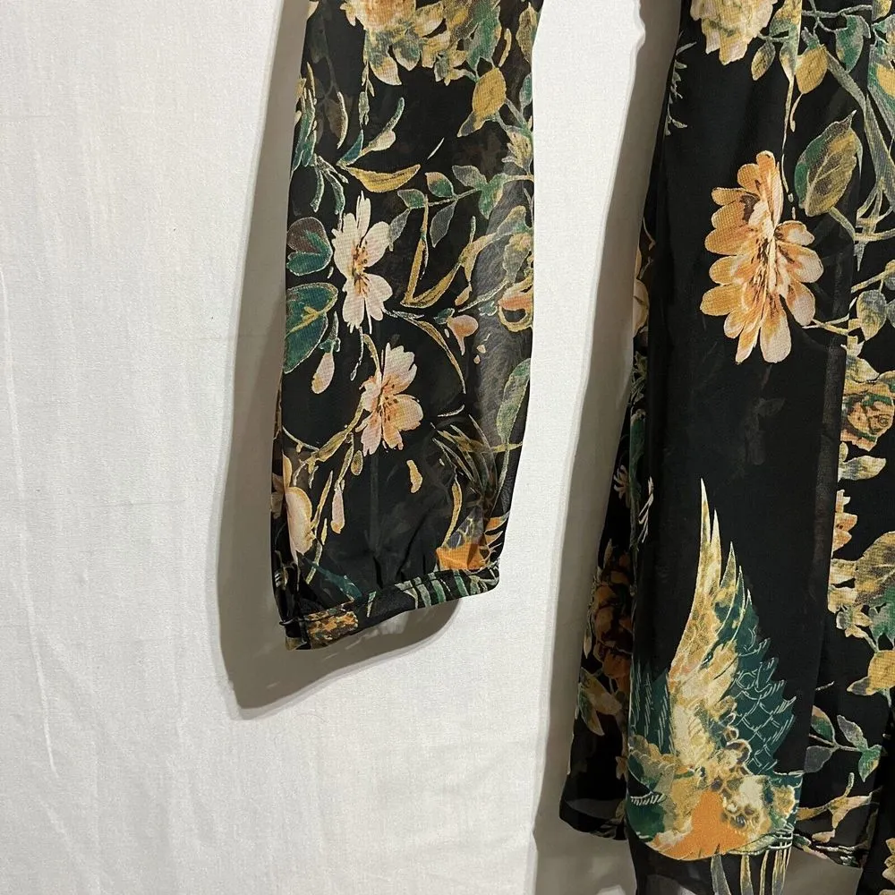 Final Touch Romper Women's Medium Black Floral‎ Sheer Surplice Neck Long Sleeve - Image 4