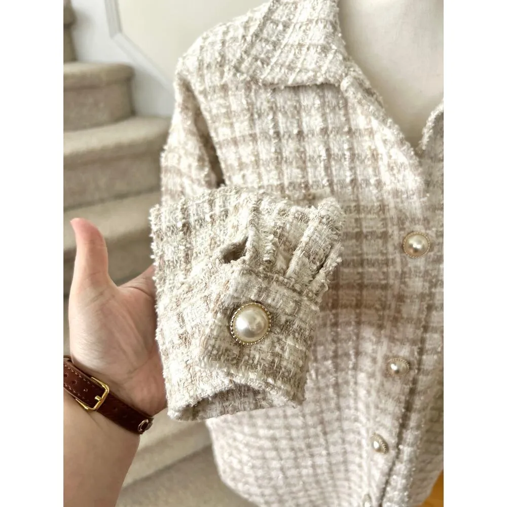 Andree by Unit  Cream White & Tan Plaid Boucle Pearl Button Shacket - Image 3