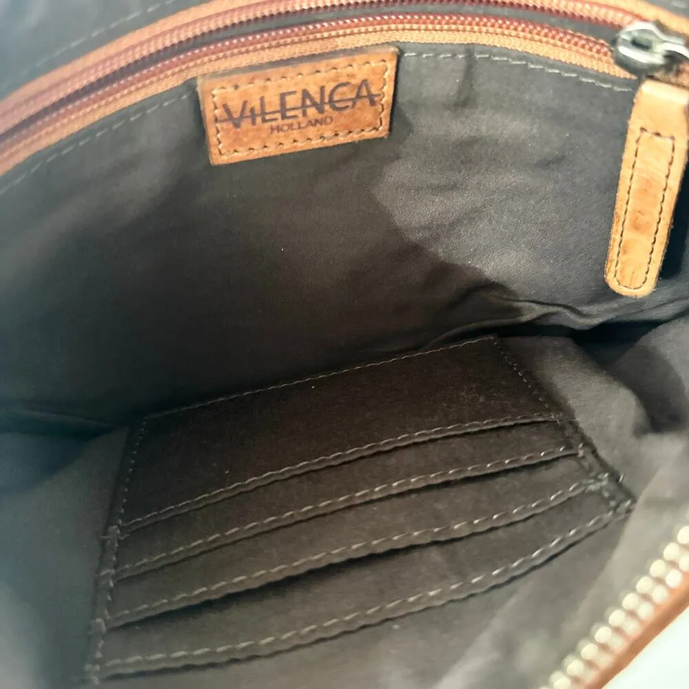 Vilenca Holland Tan Brown Woven Leather Slim Front Zip Pocket Crossbody Bag - Image 7