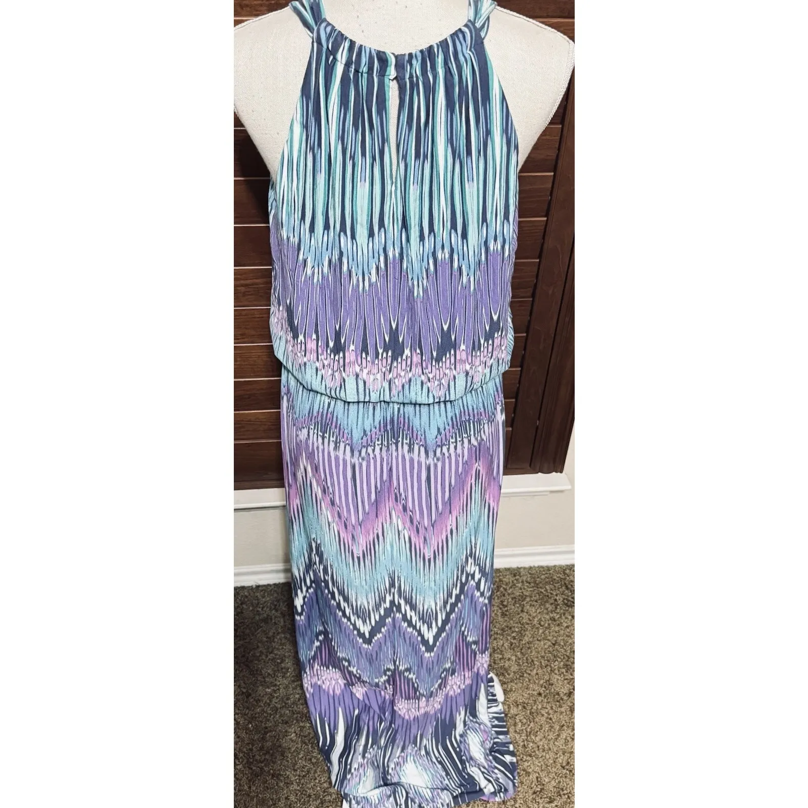 Chicos Jill Ikat Maxi Dress Sz 1/M Purple Blue Chevron Stripe Halter Sleeveless - Image 4