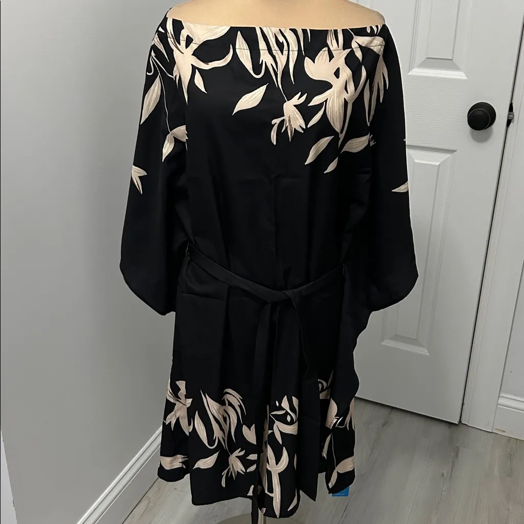 Cupshe Belted Tropical Floral Print One Shoulder Dress Black Tan - Image 4