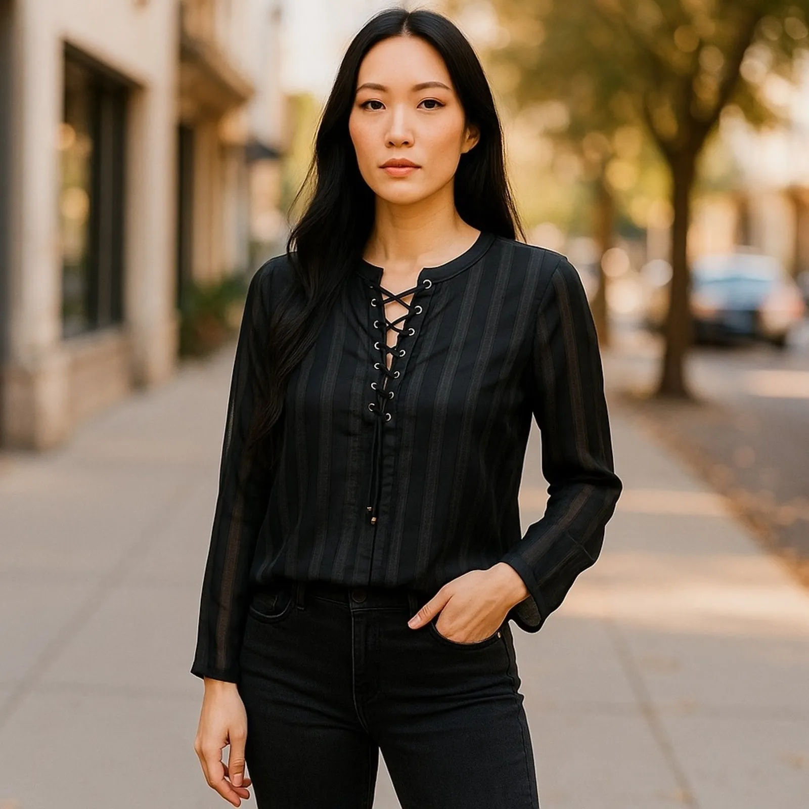 J.O.A. Black Metallic Shimmer Corset Blouse Long Sleeve XS NWT - Image 12