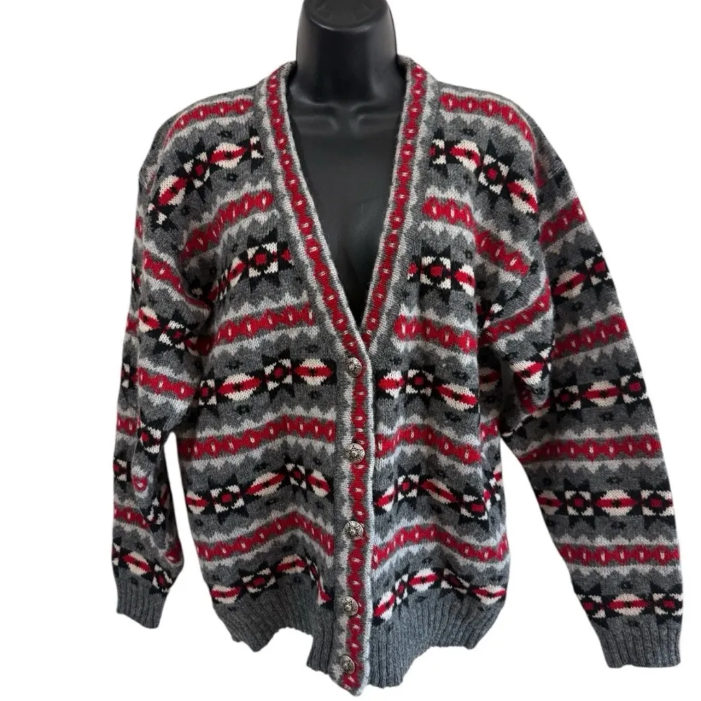 Vintage Nordstrom Brass Plum Wool Cardigan Sweater Women’s Size S Geometric Gray - Image 3