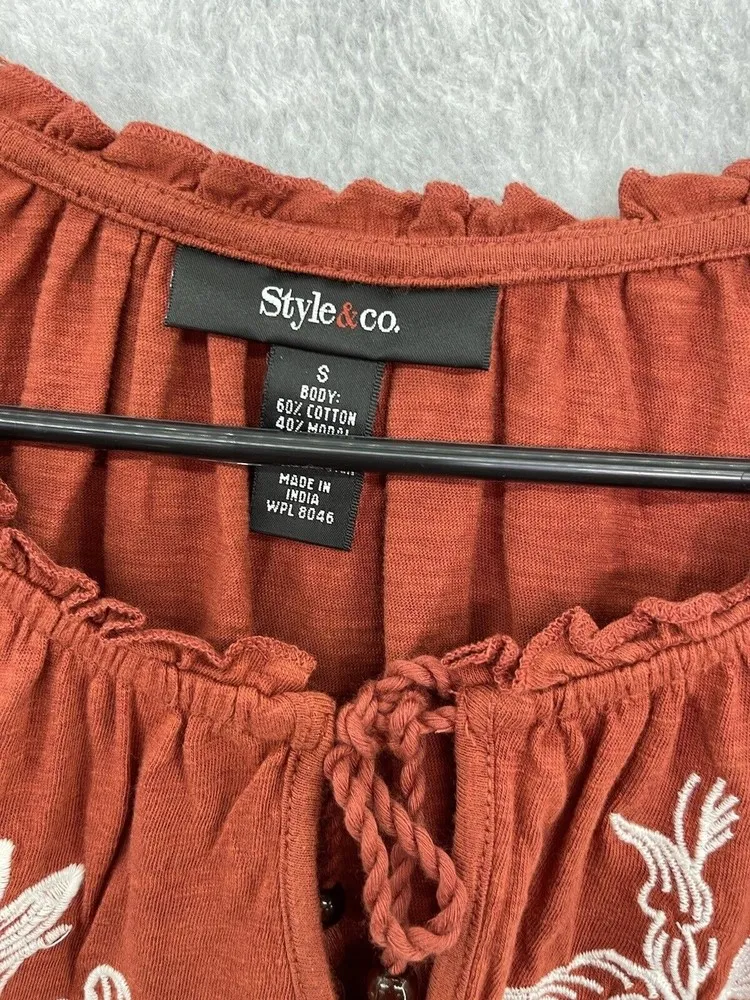 Style & Co boho blouse Tassle Front Long Sleeve Peasant Top Floral Embroidered - Image 4