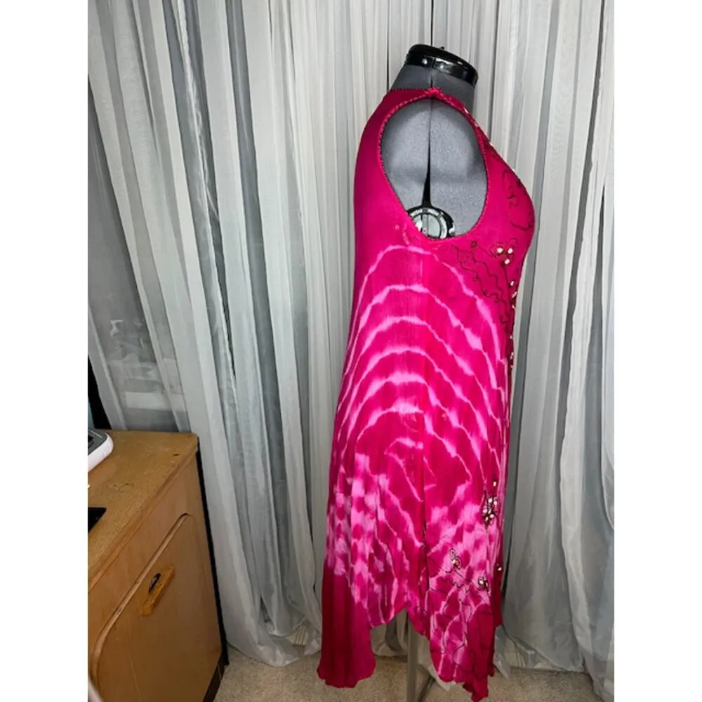 Sun dress tie dye muu muu boho pink fuchsia embroidered sequins Size XL - Image 7