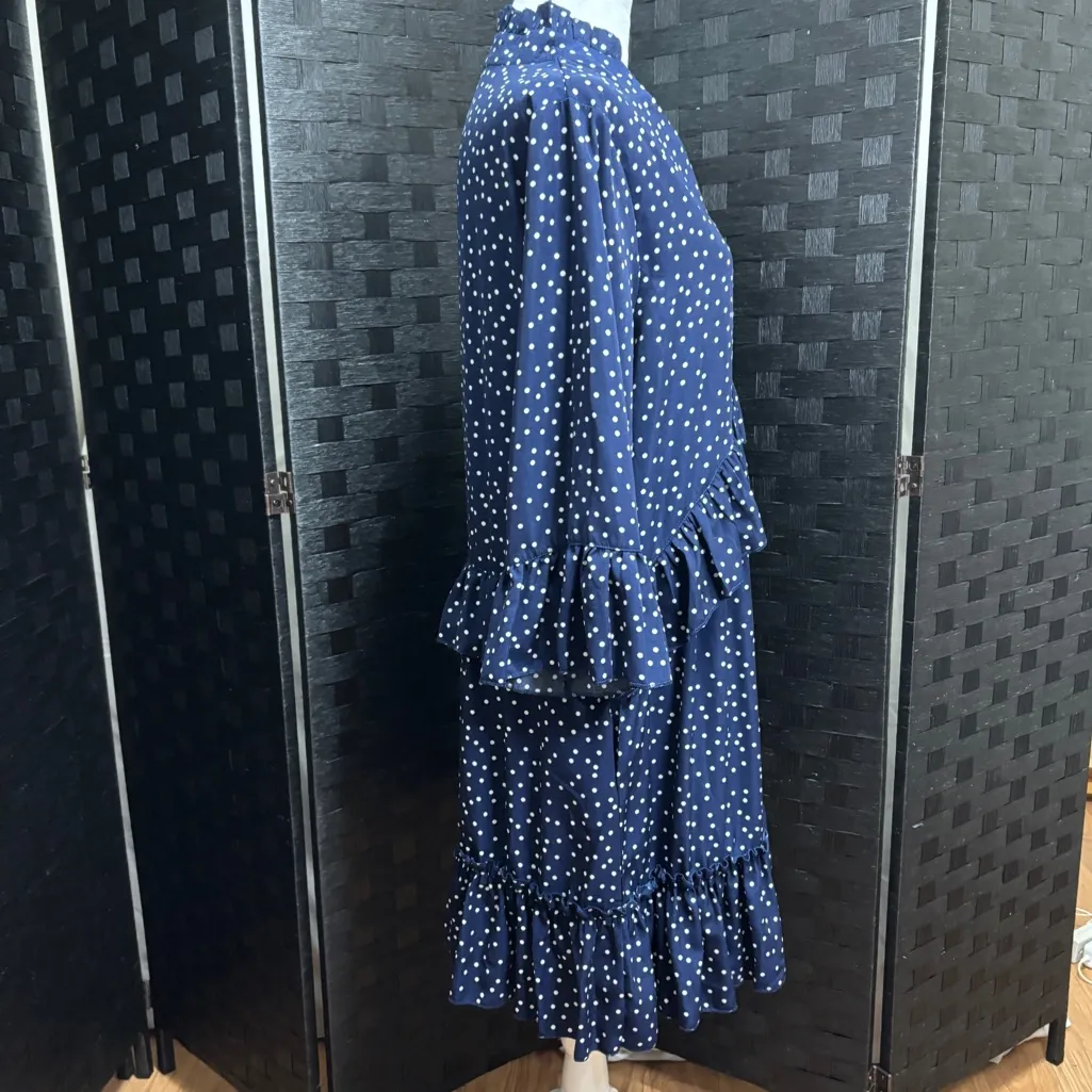 Women's Navy Sheath Dress Womens L Ruffles 3/4 Bell Sleeve Cottagecore Career Blue Size L - Image 2