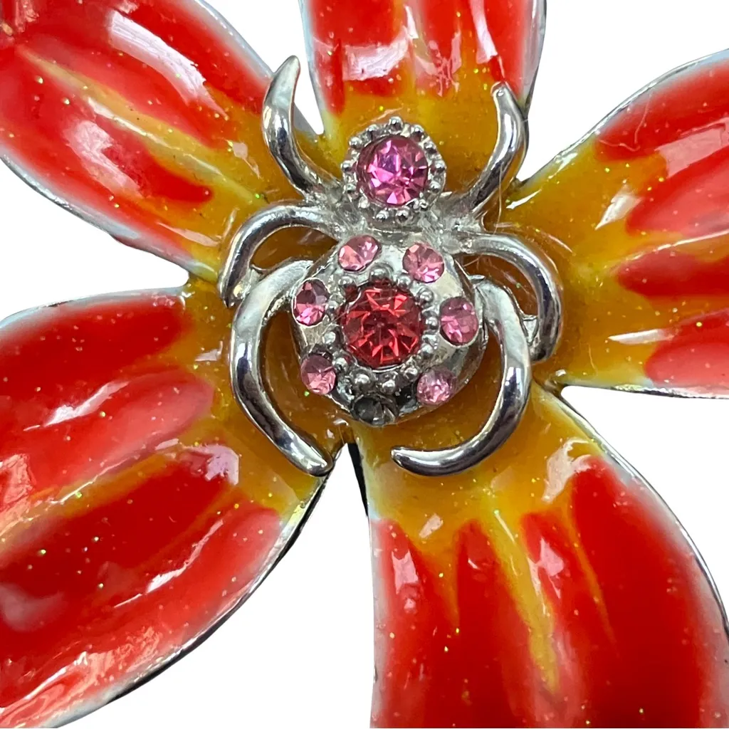 Enamel Hibiscus Tropical Asian Flower Alligator Hair Clip Rhinestones Silver Y2K - Image 3