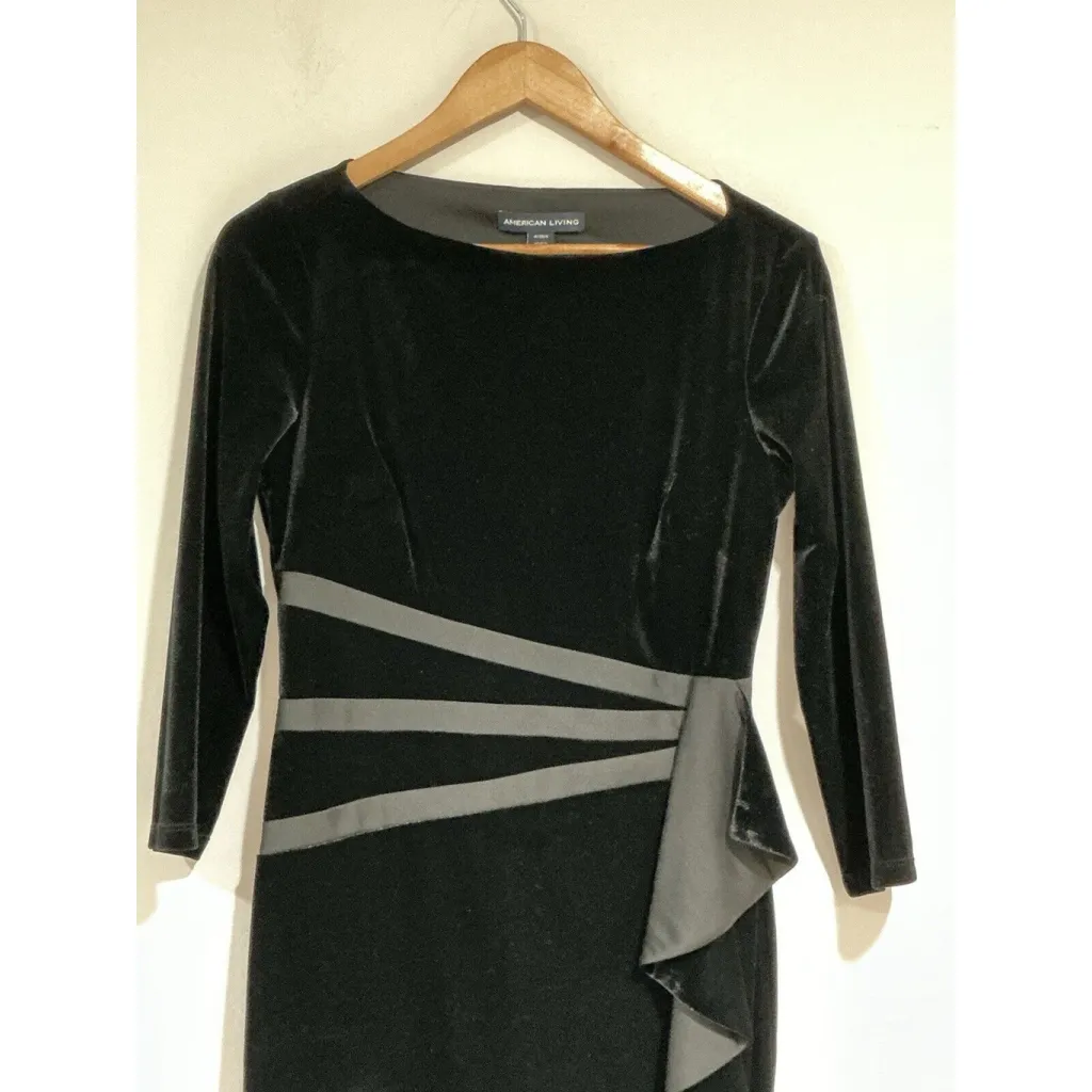 Woman’s American Living Size 4 Black Ruffled Velvet Long Sleeve Sheath Dress - Image 2
