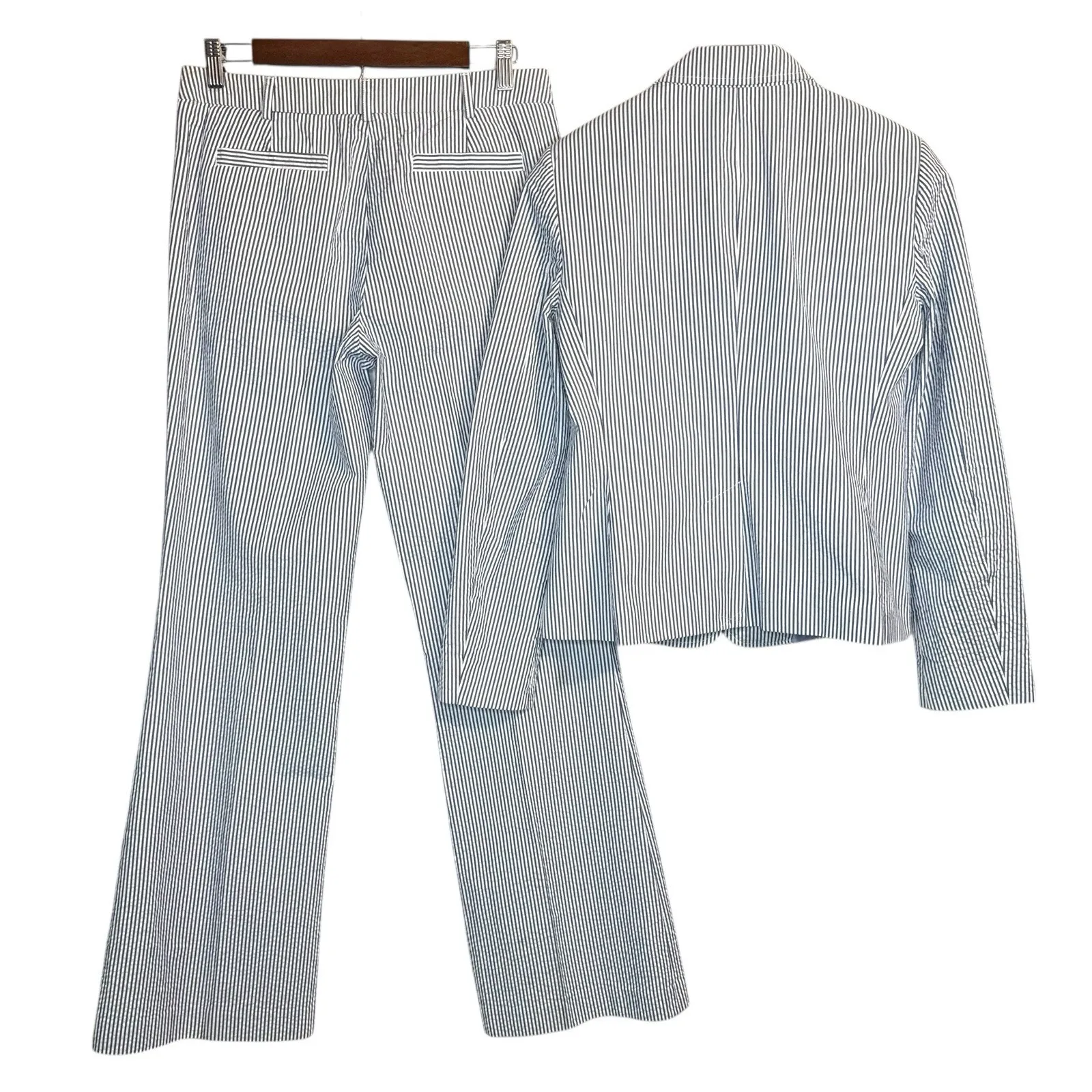 NWOT LL Bean Signature Blazer Pants Suit S Blue Striped Seersucker Jacket Career Size 6 - Image 7