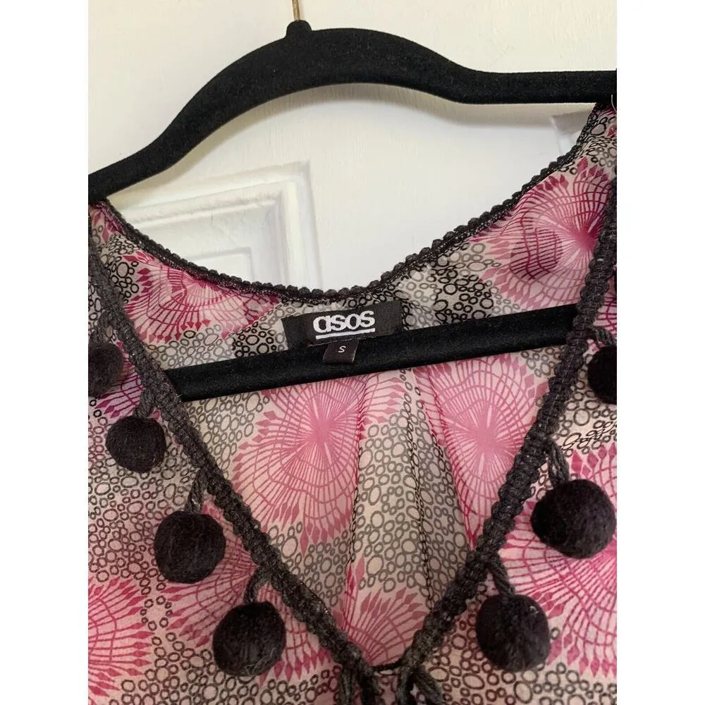 Womens Asos Shirt Shortsleeves sz‎ Small Boho Pompoms Black Purple - Image 3