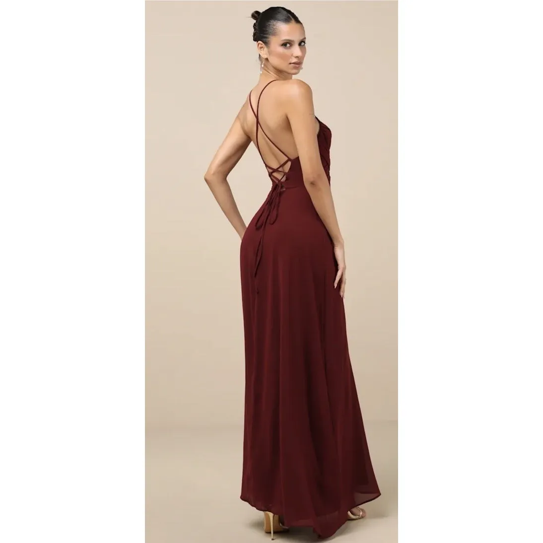 Lulus Event Ready Burgundy Backless Lace-Up Maxi Dress Gown Formal Prom Sz M EUC - Image 2