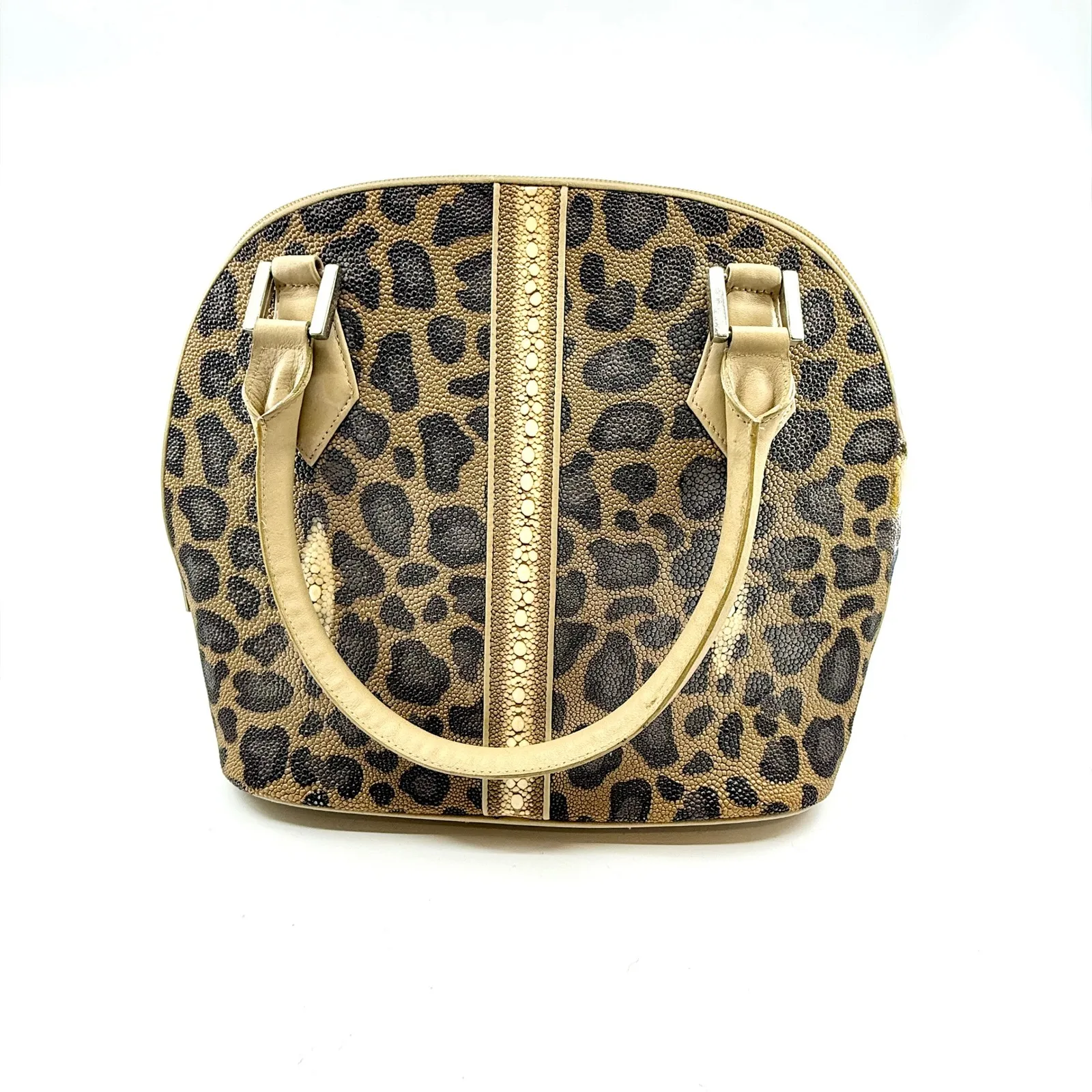 Genuine Stingray Exotic‎ Leather Leopard Print Satchel Handbag Purse, Gold Trim Brown - Image 2