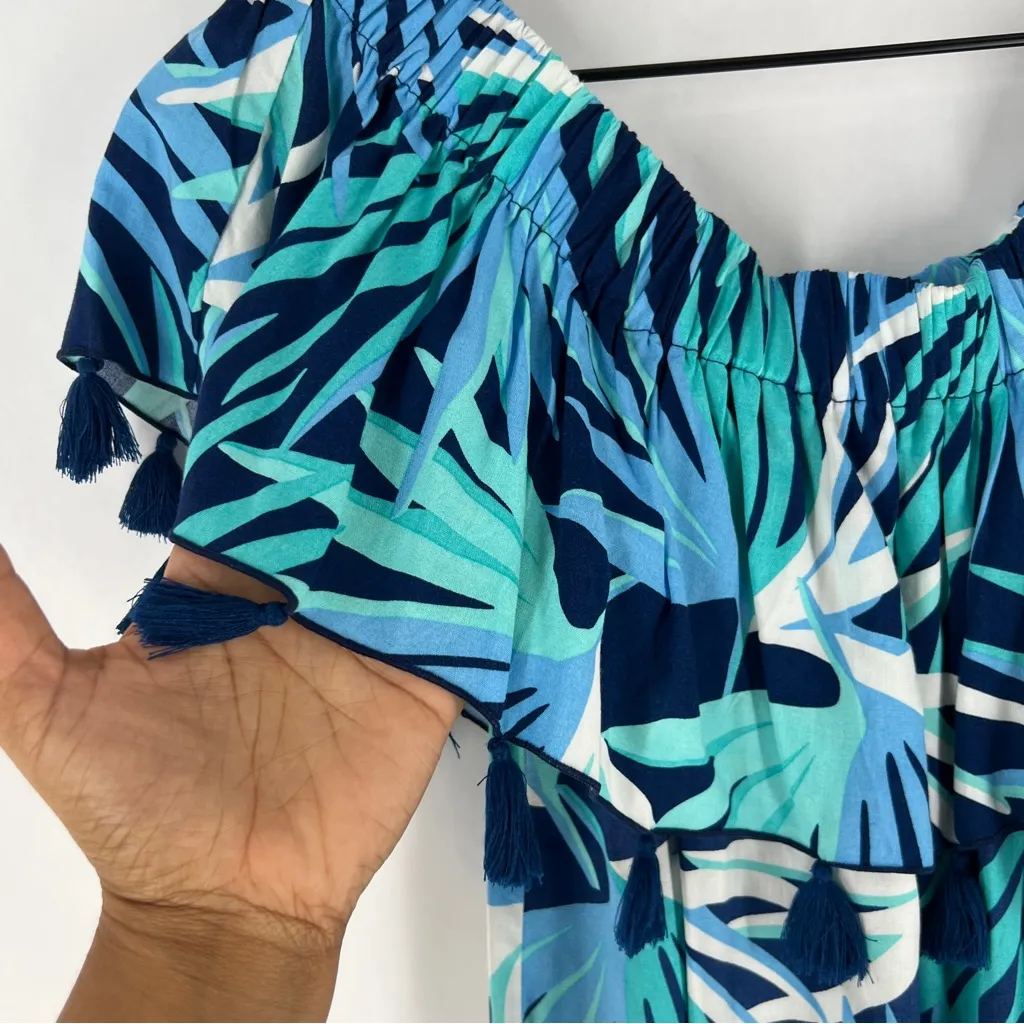 Escapada Living Monica Tassel‎ Dress Blue Tropical Leaf Print Off The Shoulder - Image 4