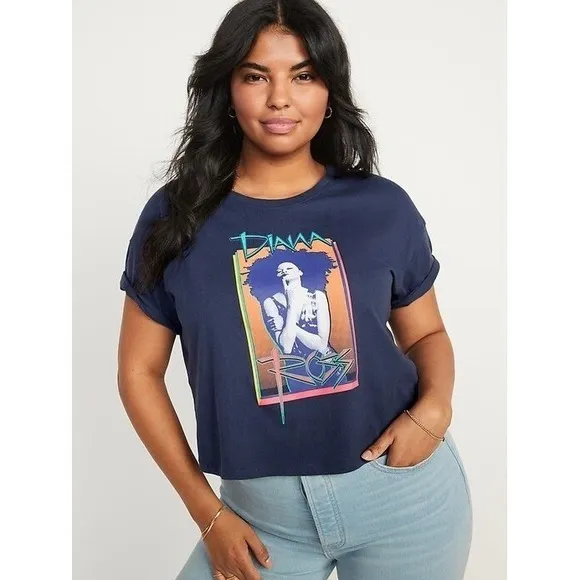 Old Navy Women 2X‎ Diana Ross Blue Cropped Graphic T-Shirt Casual Retro Colorful - Image 3
