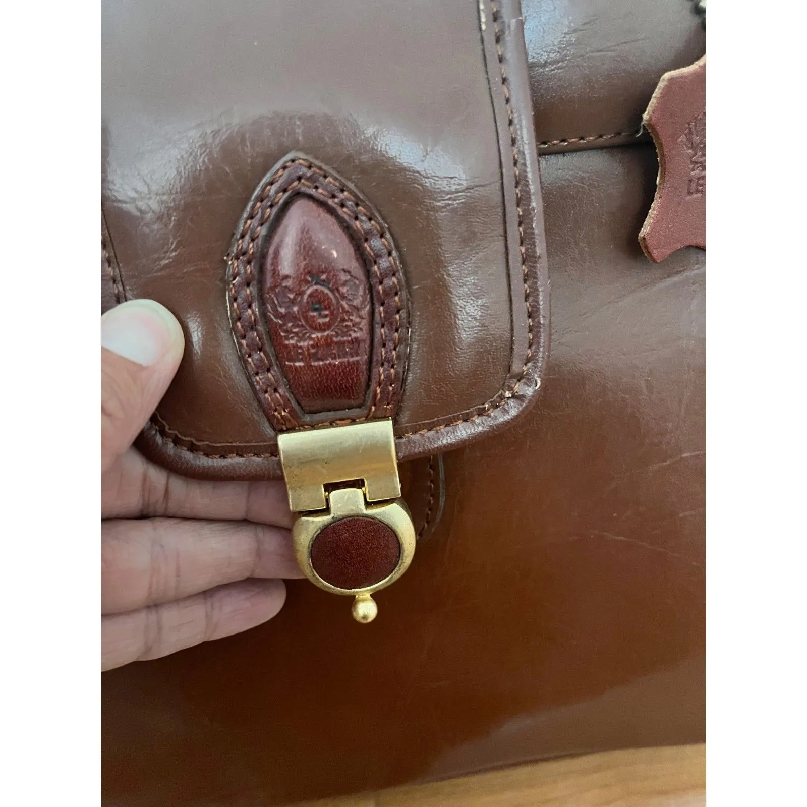 Vintage 80s Cognac Faux Leather Purse Shoulder Bag detachable double strap Brown - Image 3