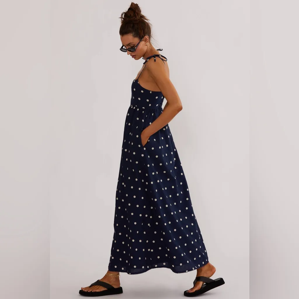 BEACH RIOT Valory Maxi Dress Navy Polka Dot Linen, Size Medium, $198 - Image 7