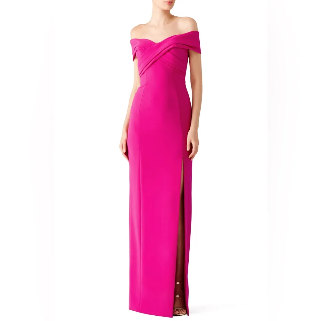 Theia‎ Fuchsia Off Shoulder Gown Formal Dress Slit Pink Size 0 - Image 2