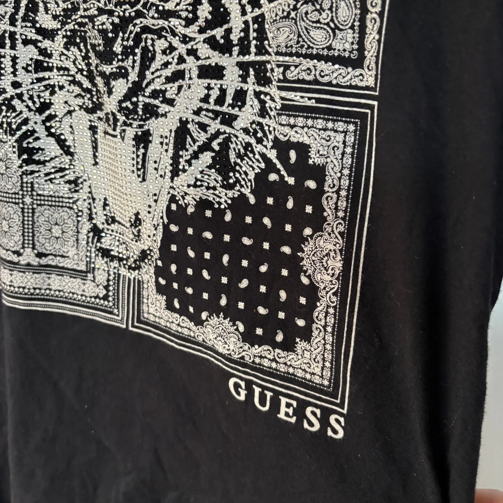 Guess Black Rhinestone T-Shirt Bedazzled Tiger McBling Graphic Baby Tee Medium - Image 9