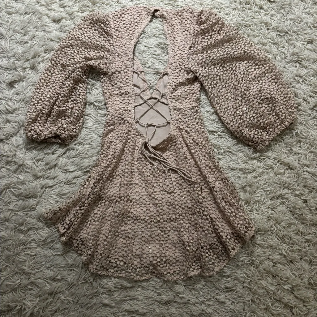 Free People Kaya Sequin Lace Mini Long Sleeve Dress in Beige Size S - Image 10
