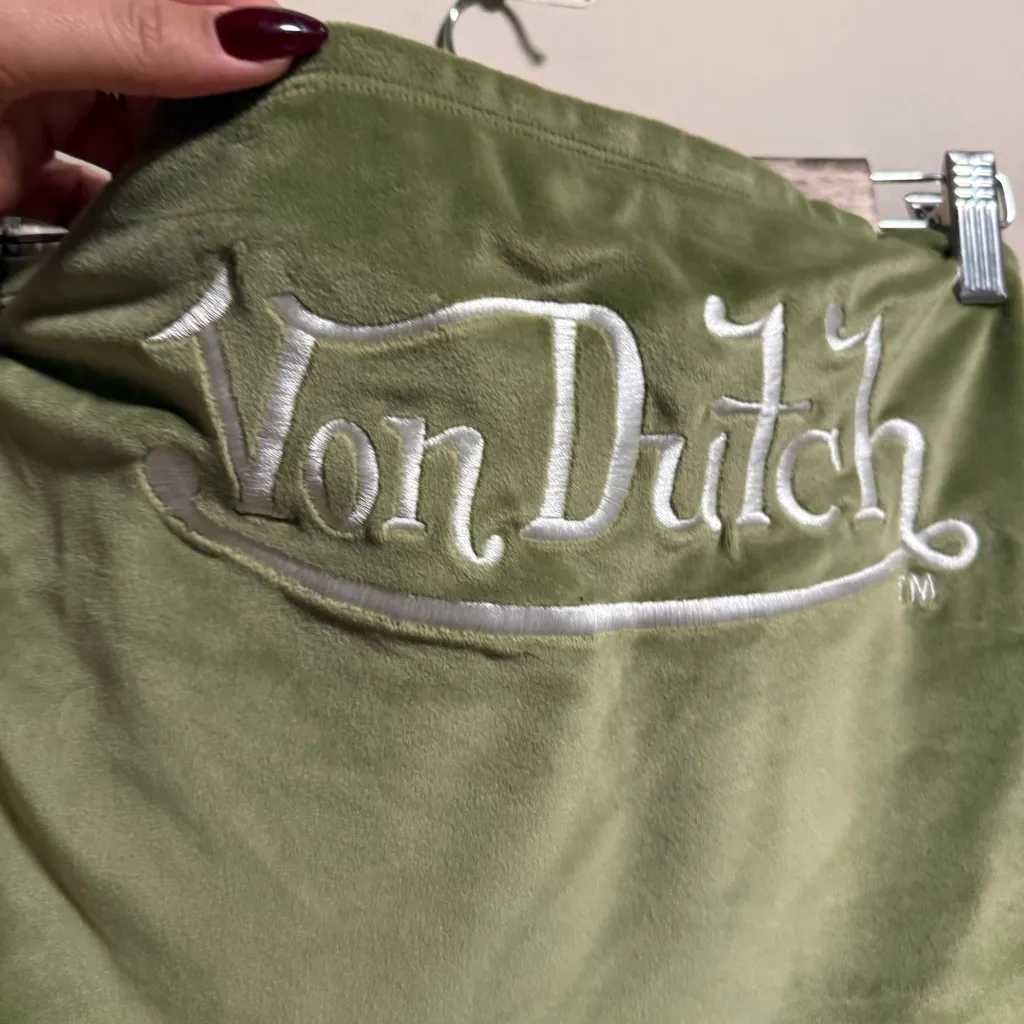 Von Dutch Velour Matching Set Wide Leg Track Pant Tube Top Olive Green- Size 1X - Image 8