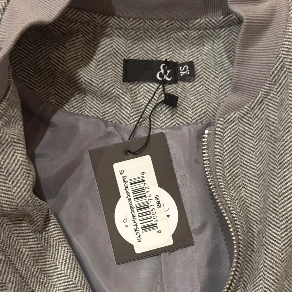 AMPERSAND AVE Herringbone Gray Bomber Jacket Size XS - Image 2