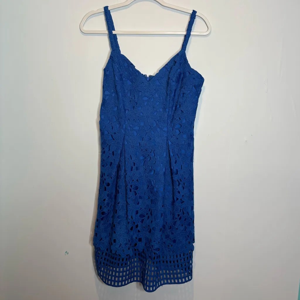 Vince Camuto Lace Illusion-Hem A-Line Dress Cobalt Royal Blue - Image 2